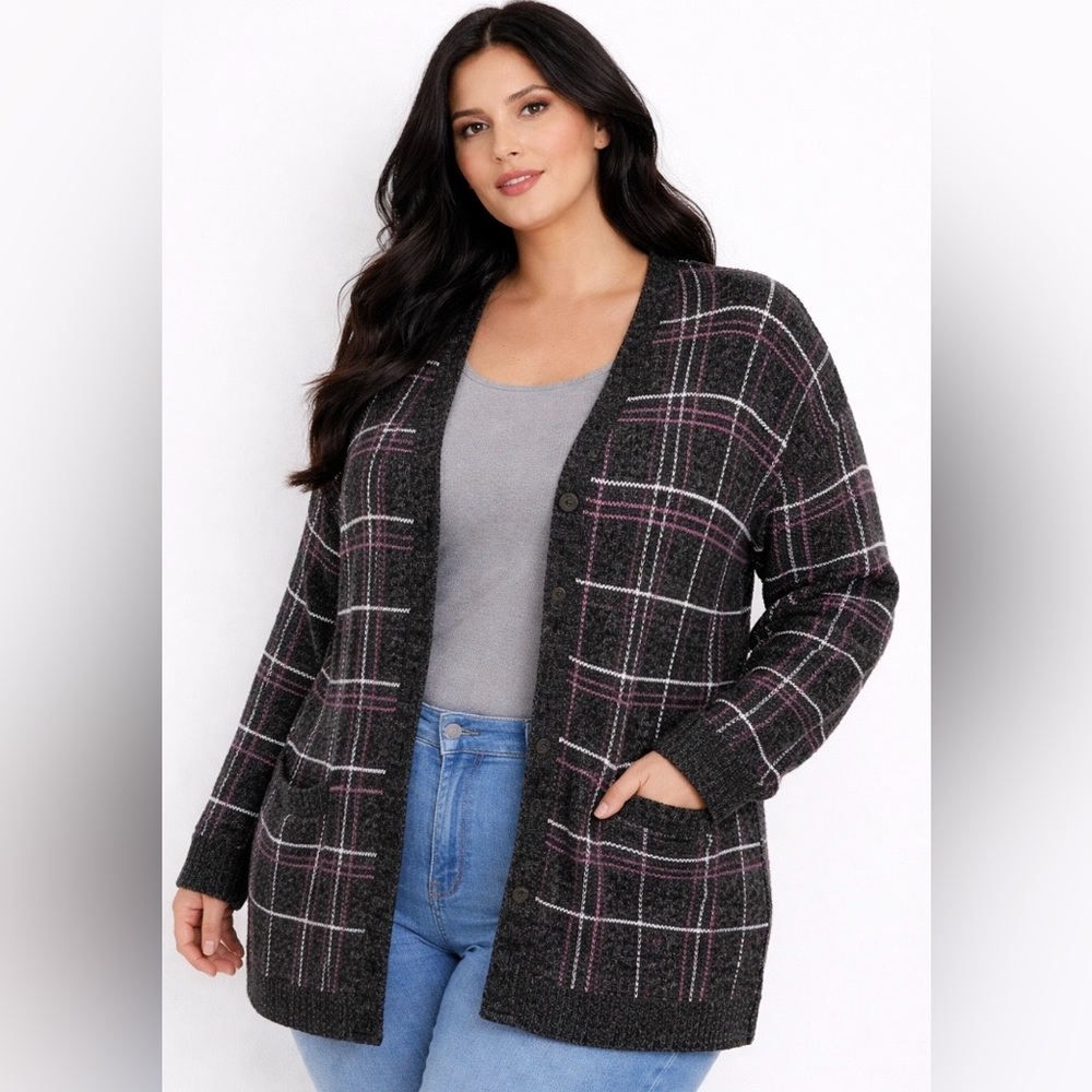 dressbarn Plaid Cardigan - Black and Pink
